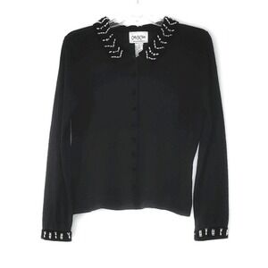 Vintage Black Beaded Velvet‎ Collar Cardigan Pearl Embellished Sweater S